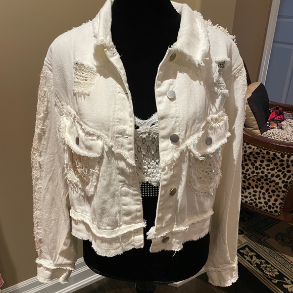 Distressed Denim Jacket with Sequined Details - Picture 3 of 17